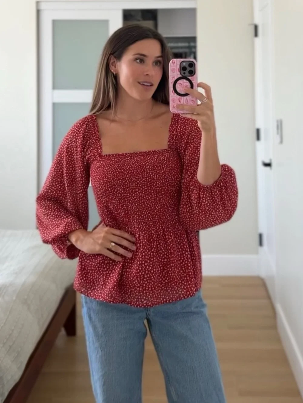 Madewell Red Square-Neck Smocked Peplum Blouse with Puff Sleeves - Picture 1 of 3